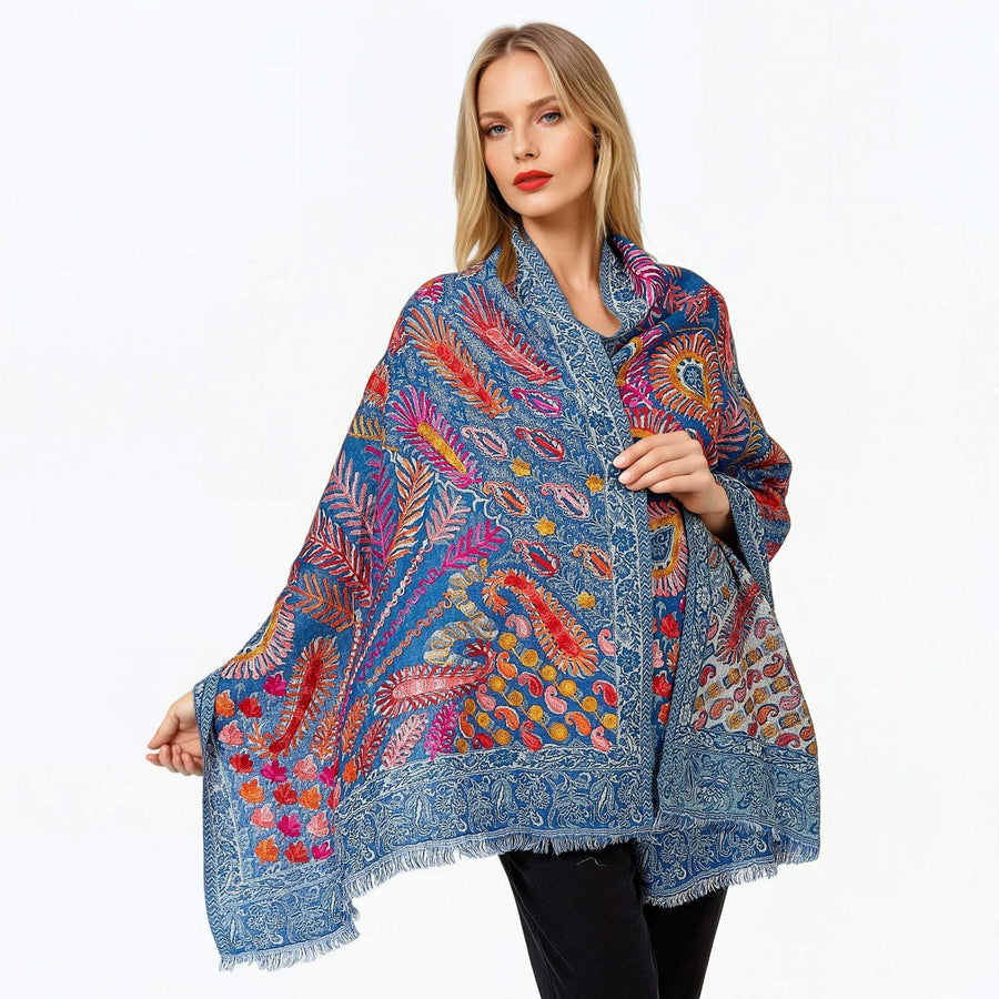 Ocean blue embroidered wool shawl and wrap - Claire Powell