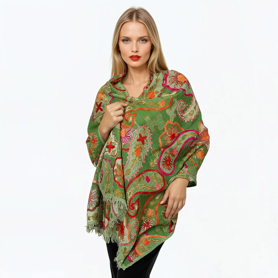 Olive embroidered wool shawl and wrap - Claire Powell
