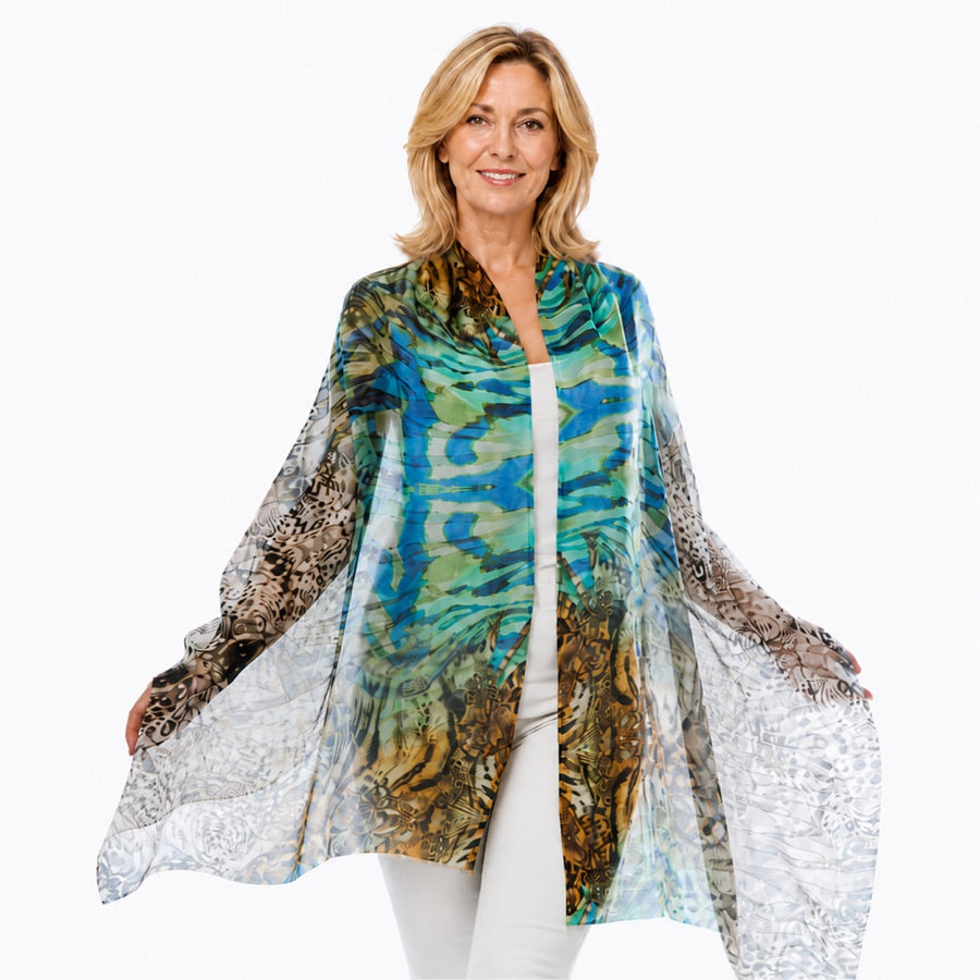 Vision silk modal scarf on a mature model, front view