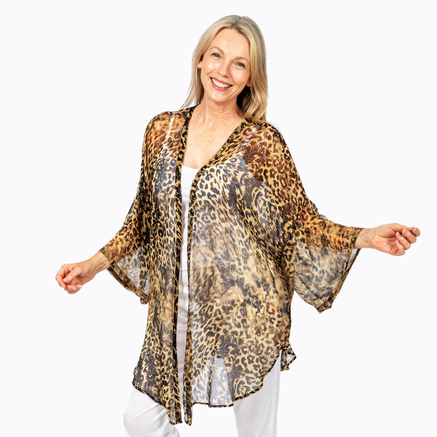 Woman wearing Claire Powell Cotton Chiffon Kimono Cover-Up in Wilden print, front view