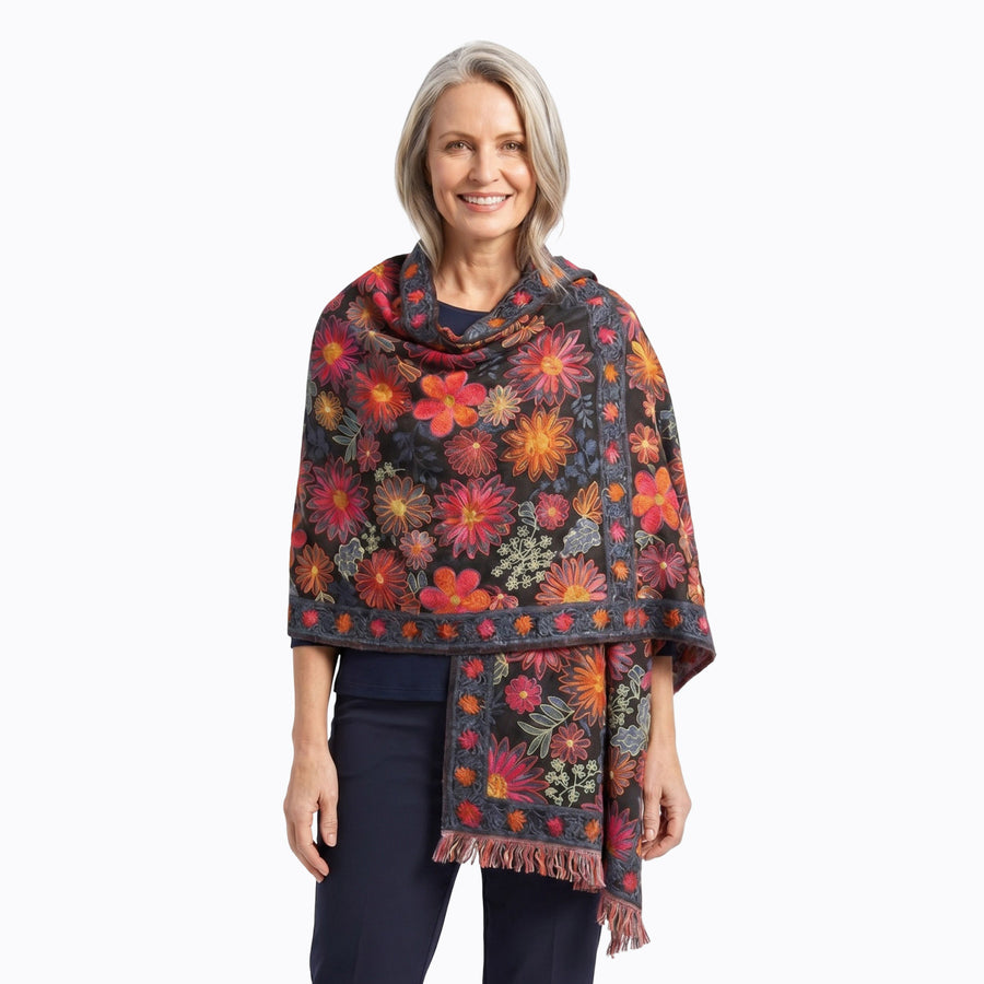 Sunshine yellow embroidered wool shawl and wrap - Claire Powell