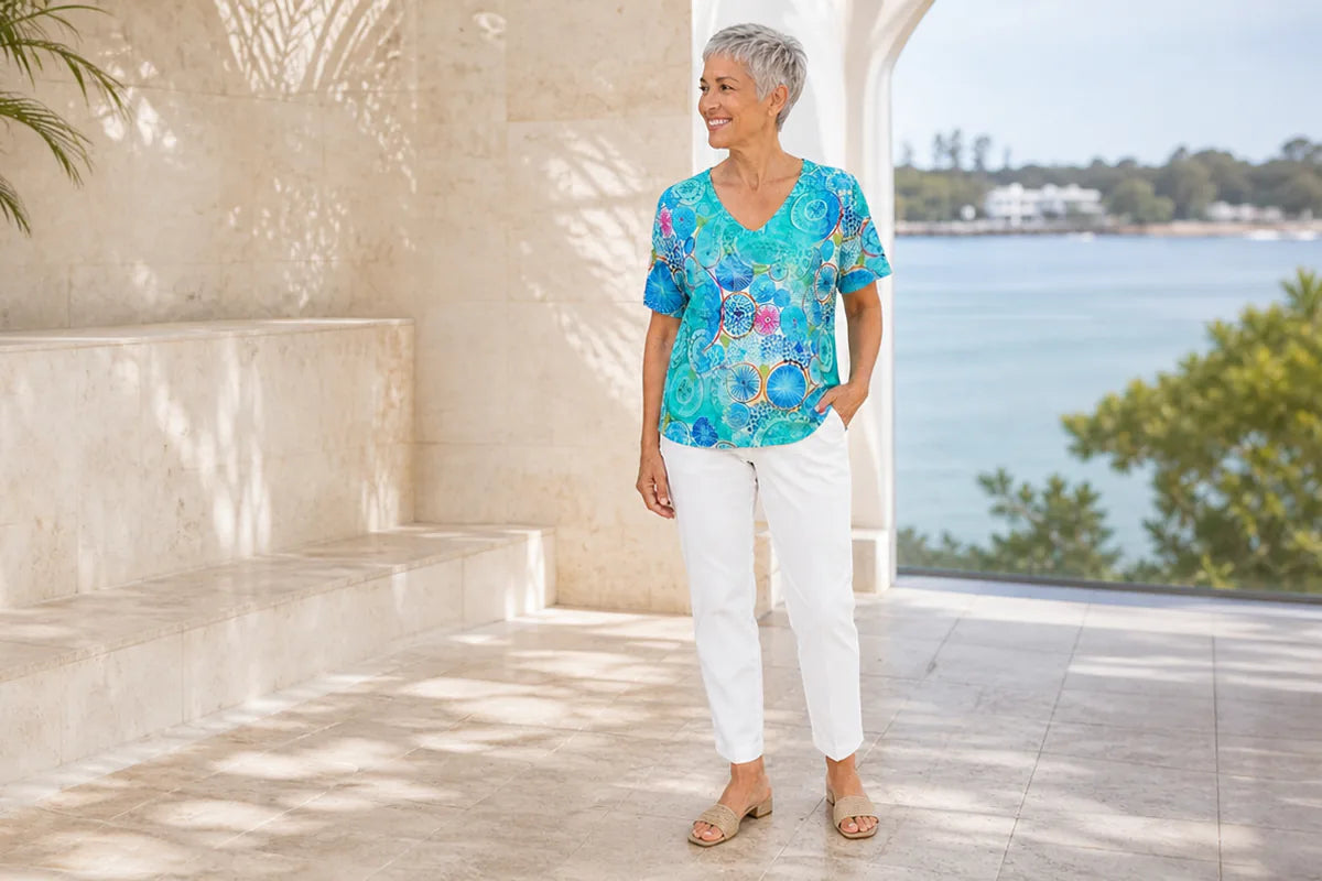 Mature model wearing colourful Claire Powell resort wear at a coastal resort