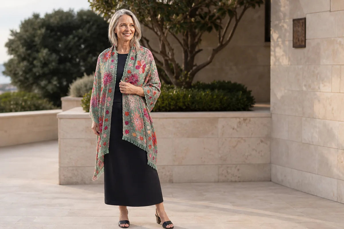 Mature model wearing the Claire Powell Sage embroidered wool shawl at a coastal resort