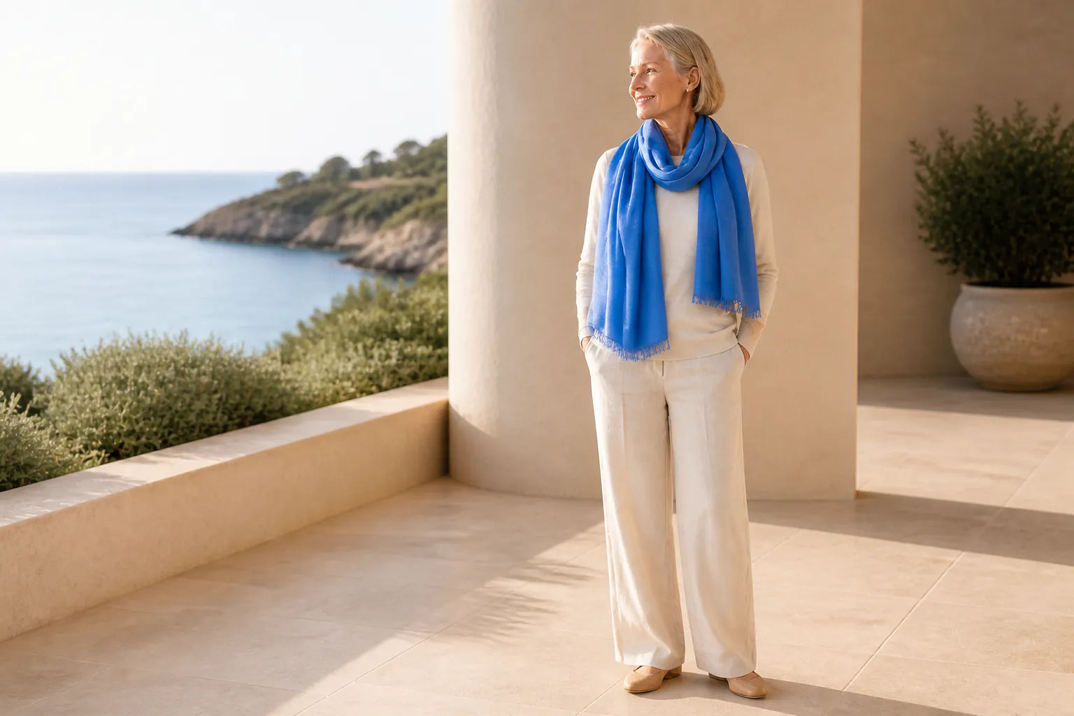 Mature model wearing the Claire Powell Denim Blue silk-wool scarf at a coastal resort