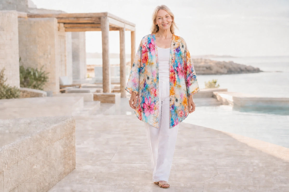 Mature model wearing the Claire Powell Zen modal kimono at a coastal resort